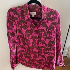 J.Crew Vibrant Pink and Brown Lion Print Silk Shirt
